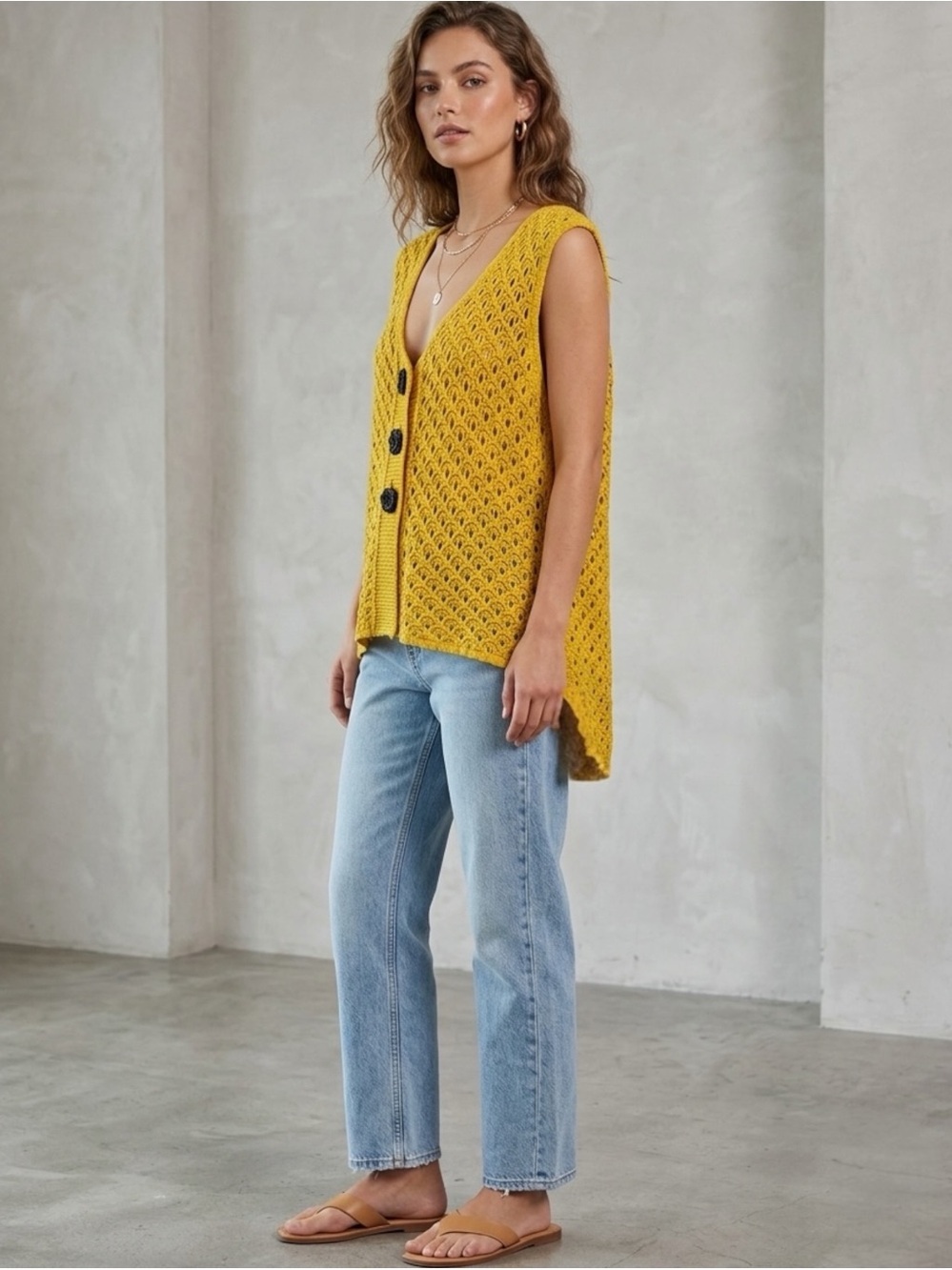 Vintage Geography Yellow Cotton Crochet Vest Carved Rosette Buttons Medium Boho